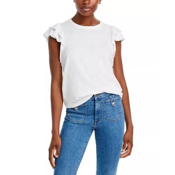 VERONICA BEARD White  Akeela Flutter Sleeve Pima Cotton T-Shirt Size MEDIUM - Picture 1 of 14